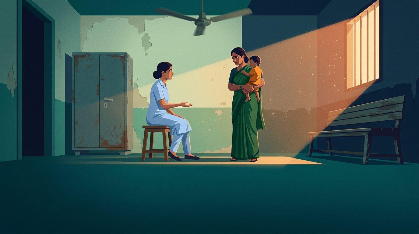 A nurse and a mother holding a toddler, facing each other in a district clinic.
